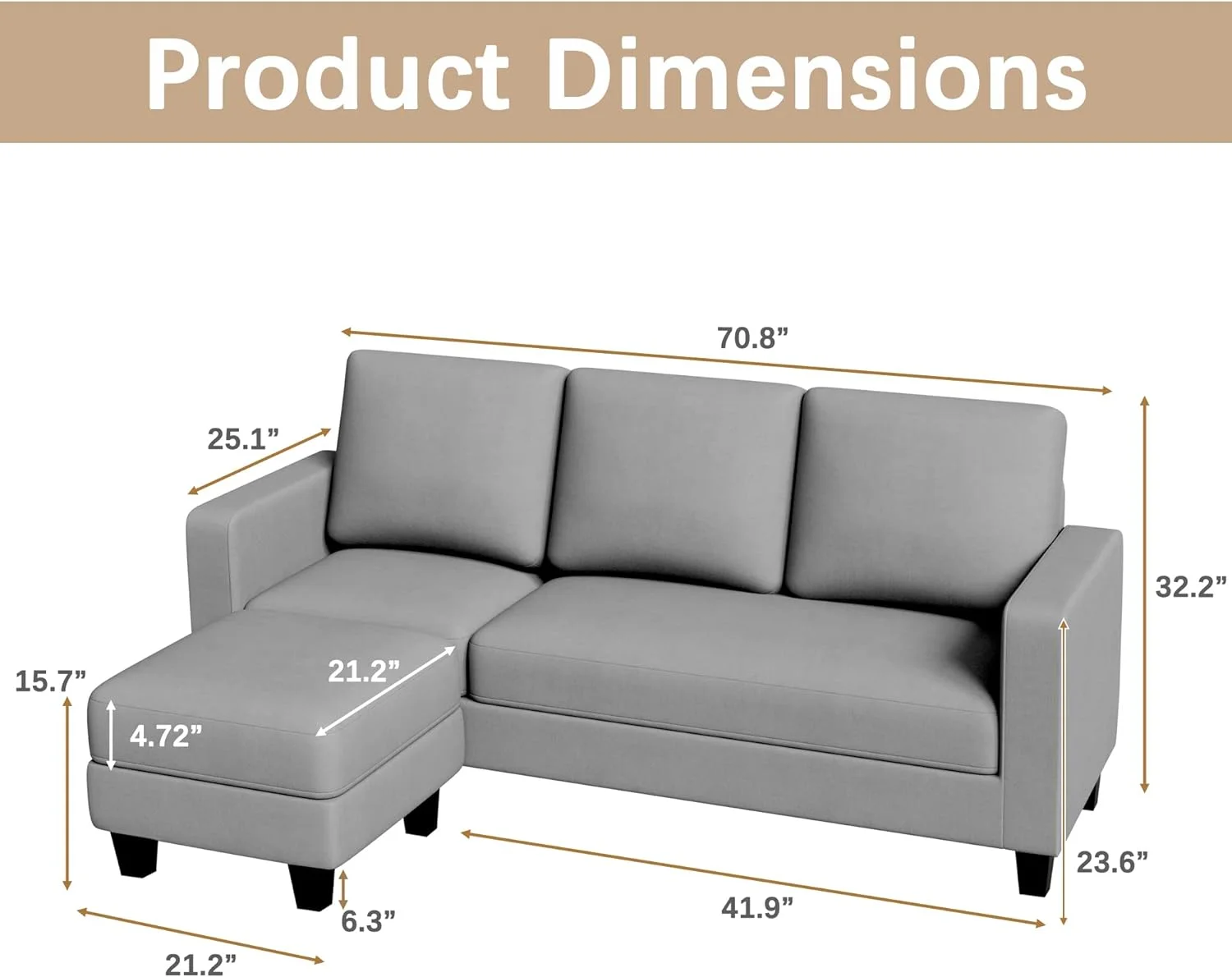 Convertible Sectional Sofa Couch, L Shaped 3-Seat Small Couch For Living Room With Ottoman Modern Fabric Reversible Chaise For Apartment And Small Space (Light Gray)