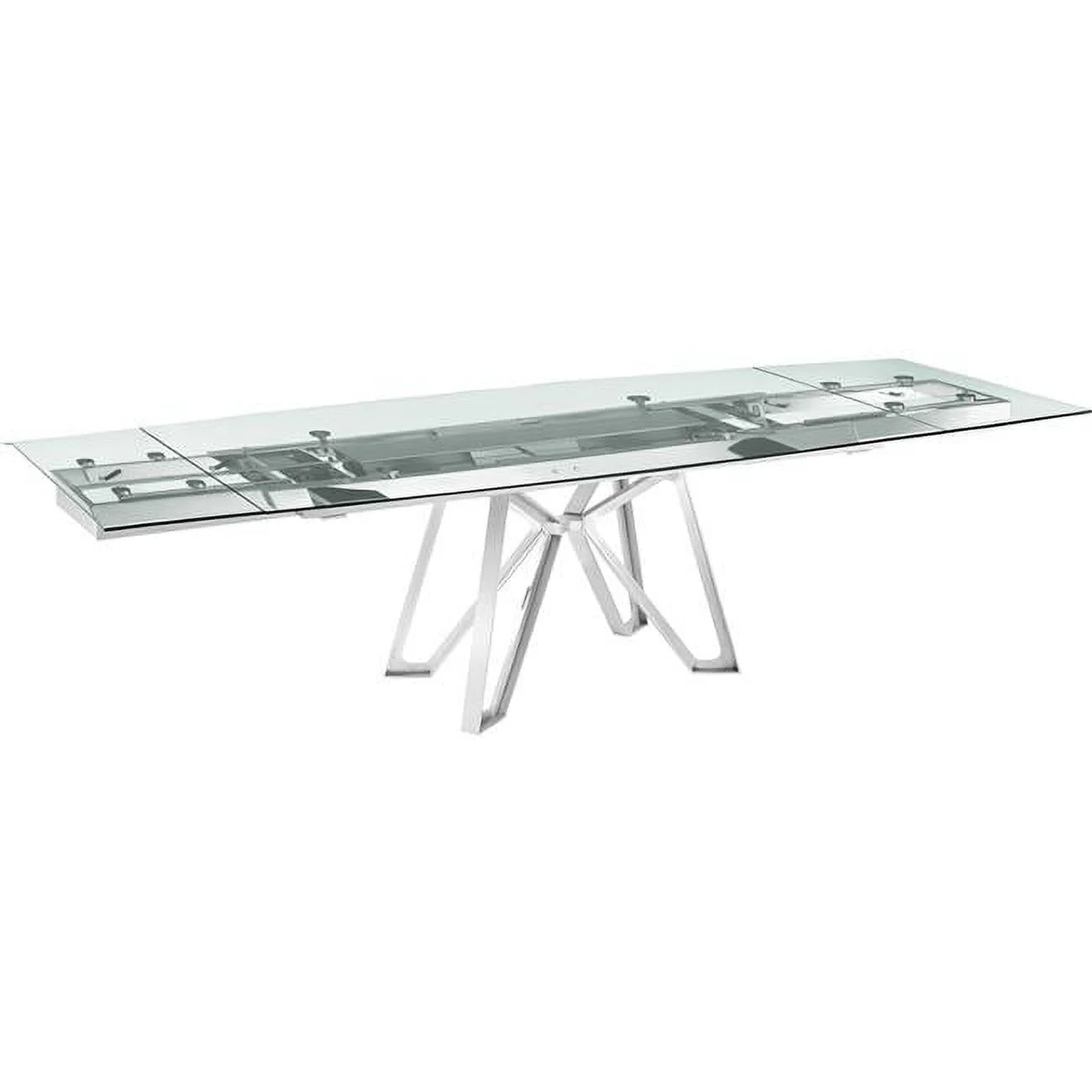 Casabianca Home Dcota manual dining table with brushed stainless steel base and clear top.