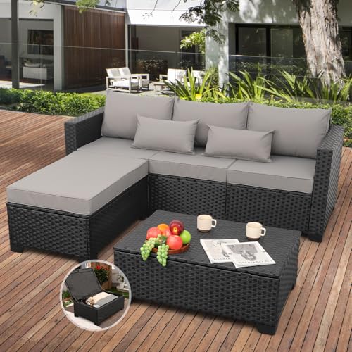 Rattaner 3 Pieces Patio Furniture Set Outdoor Sectional Wicker Patio Furniture Patio Couch with Ottoman and Outdoor Storage Table All-Weather Anti-Slip Cushions Waterproof Covers, Light Grey