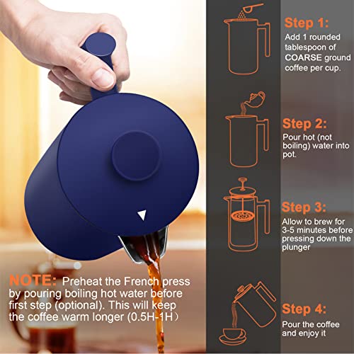 Secura French Press Coffee Maker, 304 Grade Stainless Steel Insulated Coffee Press with 2 Extra Screens, 34oz (1 Litre), Silver