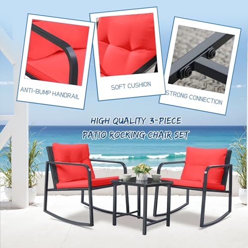 Greesum 3 Pieces Rocking Wicker Bistro Set, Patio Outdoor Furniture Conversation Sets with Porch Chairs and Glass Coffee Table, Beige