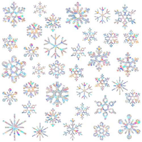 36 Piece Snowflake Anti-Collision Decals - Save Birds from Window Collisions, Reusable Vinyl Rainbow Christmas Winter Stickers