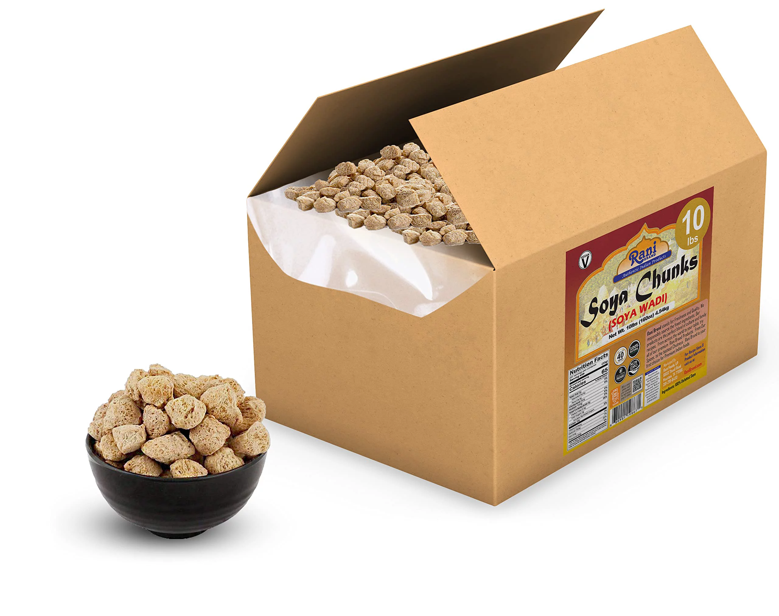 Rani Soya Chunks Nuggets (High Protien) Vadi, 160oz (10lbs) 4.54kg Bulk Box ~ All Natural, Salt-Free | Vegan | No Colors | Gluten Friendly | NON-GMO | Indian Origin | Meat Alternate Substitute