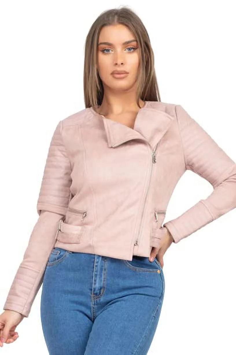 LA7 Quilted Sleeves Zip-Up Biker Jacket, Small Size with Dusty Blush Color.