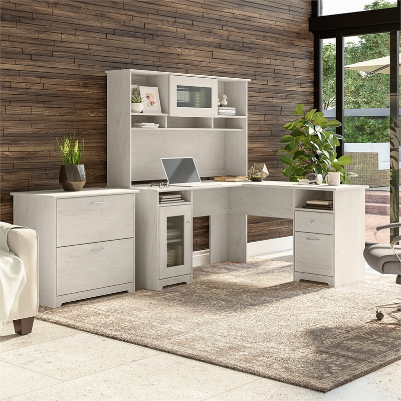Pemberly Row Engineered Wood L Desk w/ Hutch & File Cabinet in Linen White Oak