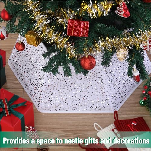 Mr. Pen- Silver Sequin Christmas Tree Skirt and Tree Collar, 24 Inch Base Cover, 24.8 Inch Foldable Sparkling Sequin Trees Skirt Collar, Christmas Skirt Tree