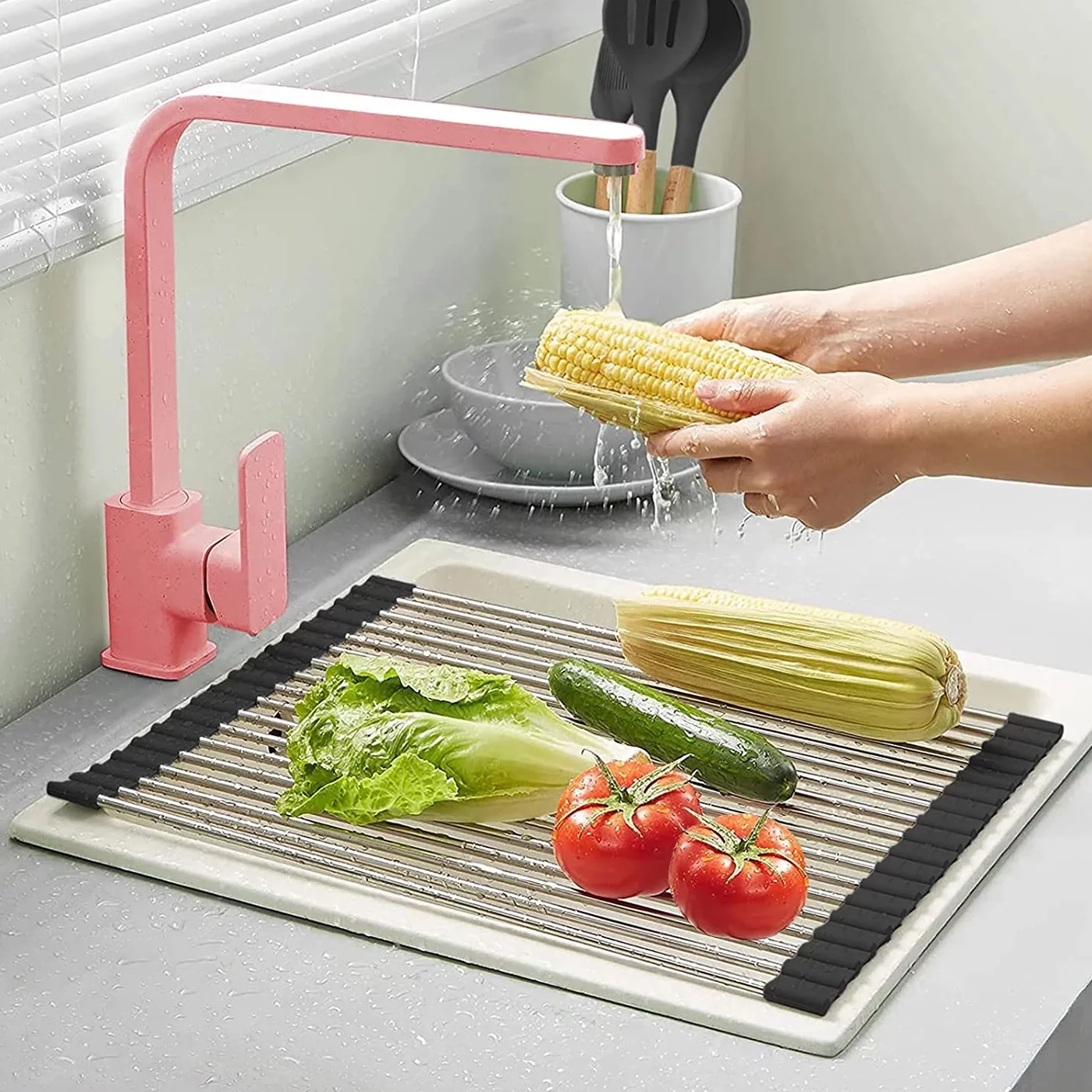 Sink rack,Roll Up Kitchen Sink Drying Rack, 18PCS 304 Stainless-Steel are connected and Silicone ,L17”*H14”
