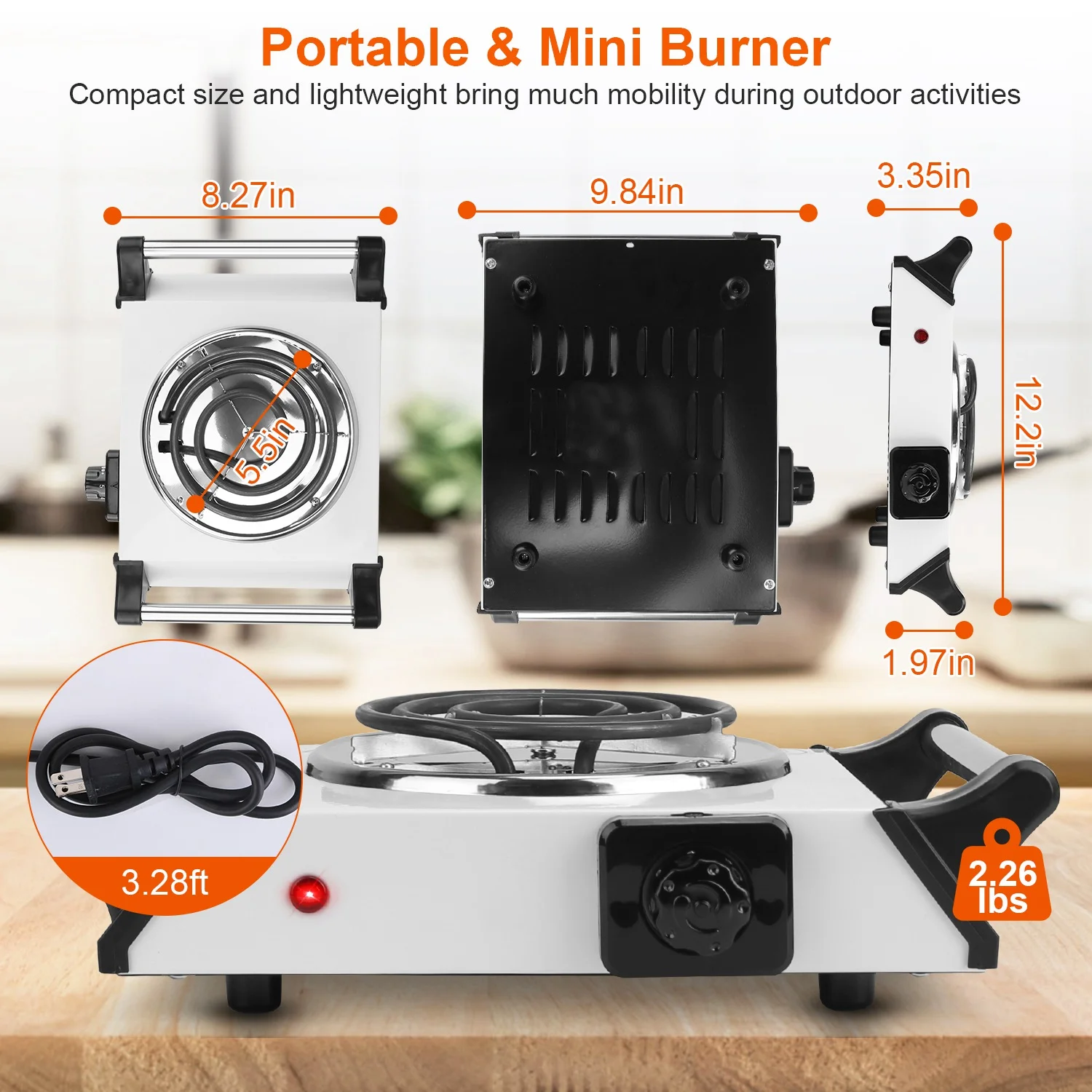iMounTEK 1000W Electric Single Burner Portable Electric Stove Coil Heating Hot Plate Stove Countertop RV Hotplate with 5 Temperature Adjustments Portable Handles, White