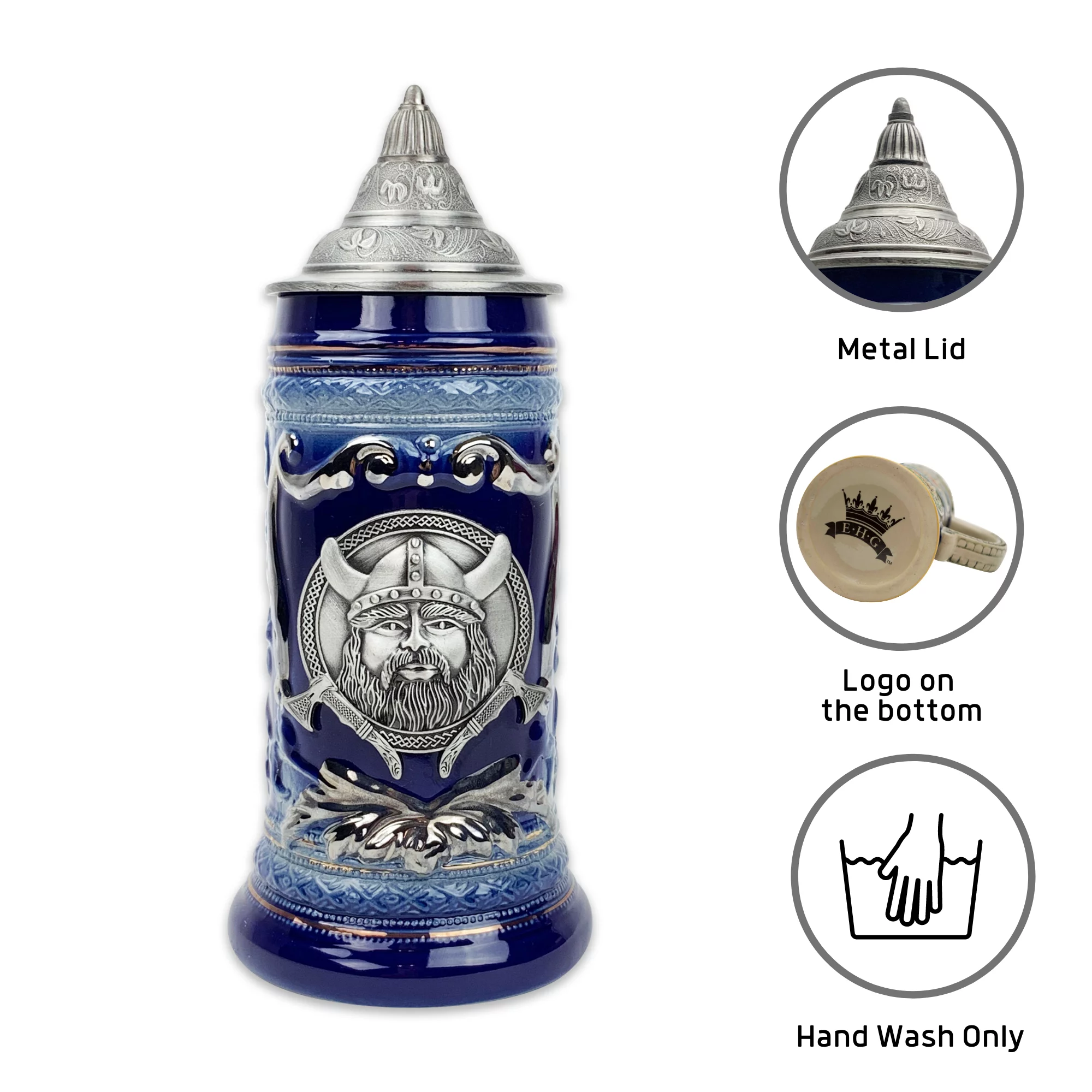 Oktoberfest Haus Blue Metal Medallion .75L Beer Stein with Deluxe Relief & Metal Lid