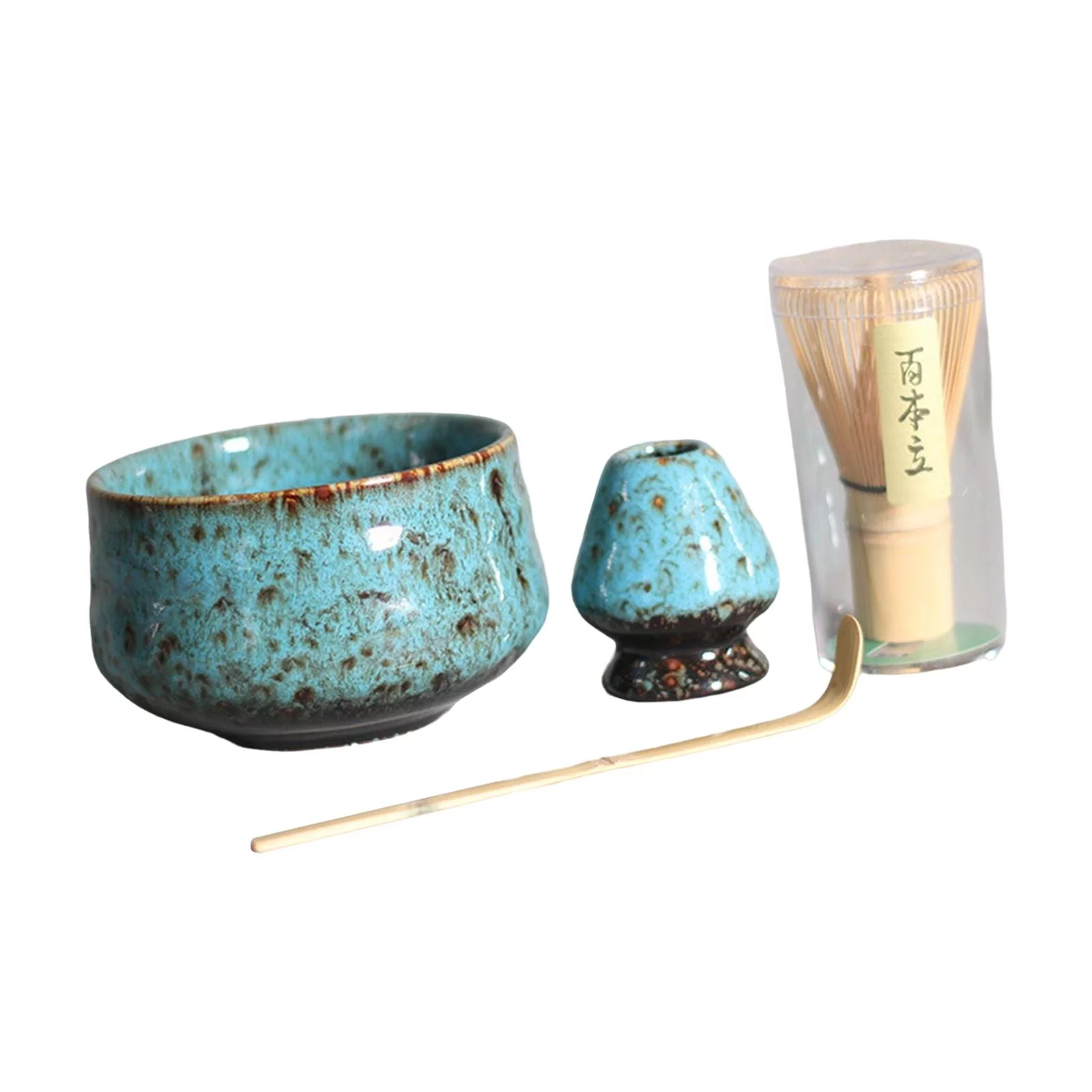 4 Pieces Matcha Set Tea Spoon Traditional , Matcha Bowl, Whisk Holder, Ceramics Blue