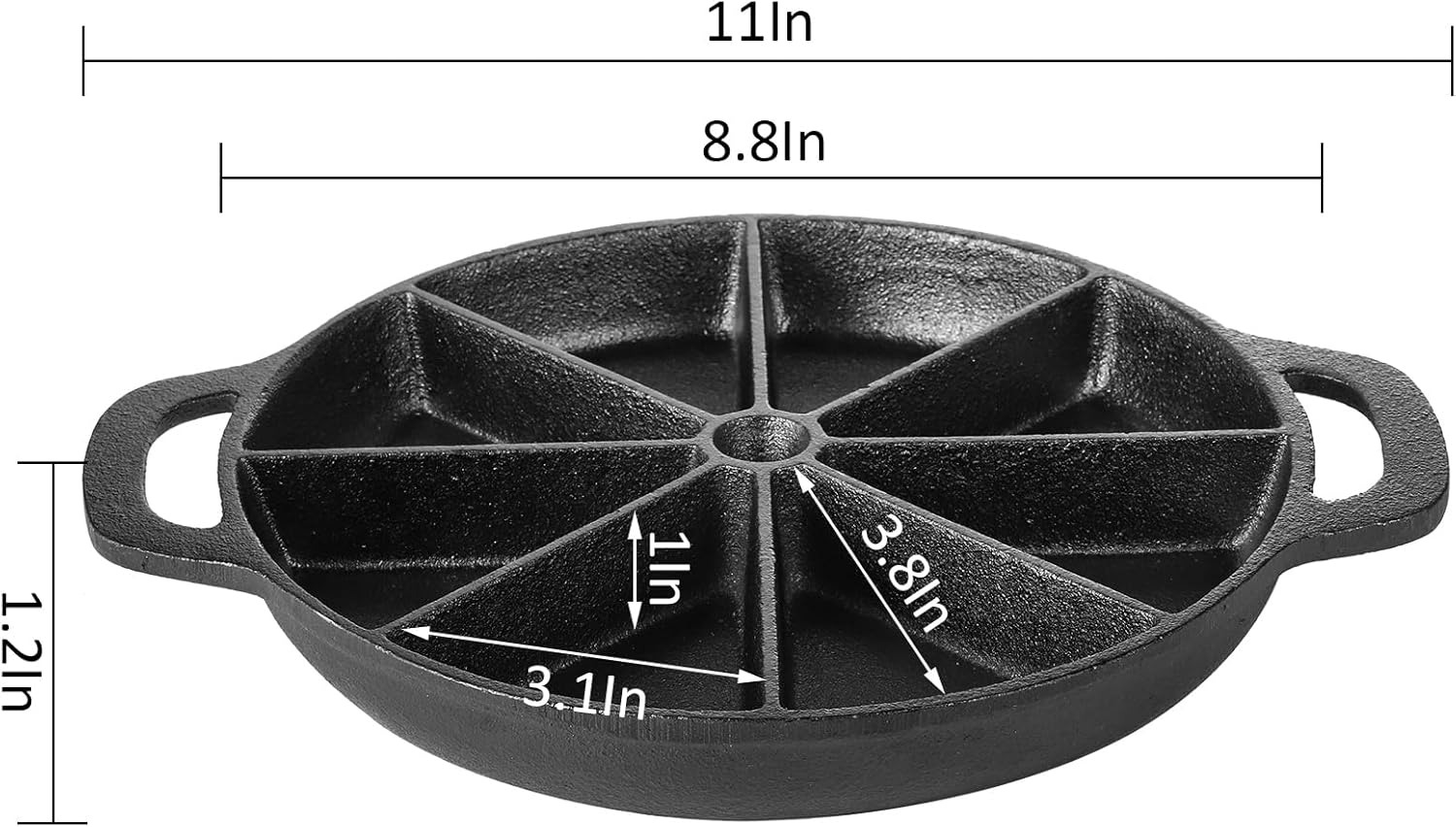 WUWEOT Cast Iron Wedge Pan, Non stick Round Corn Bread Skillet, Black 8-edges Biscuit Pan with Double Handles for Scones, Corn Stick Pan, Muffins, Cup Cakes and Brownies