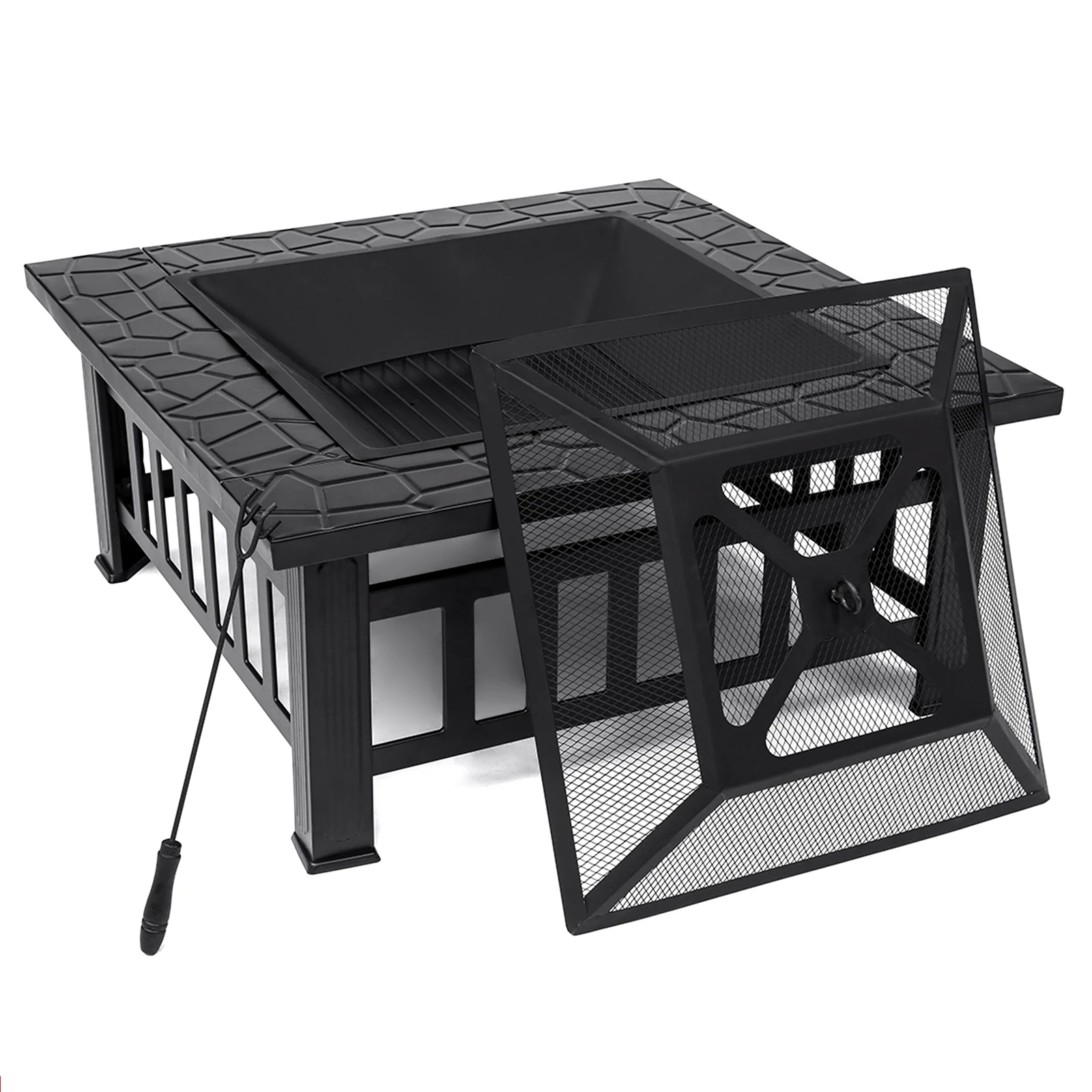 Singlyfire 32 inch Fire Pit Table for Outside Square Metal with Cover, Spark Screen, Log Grate poker
