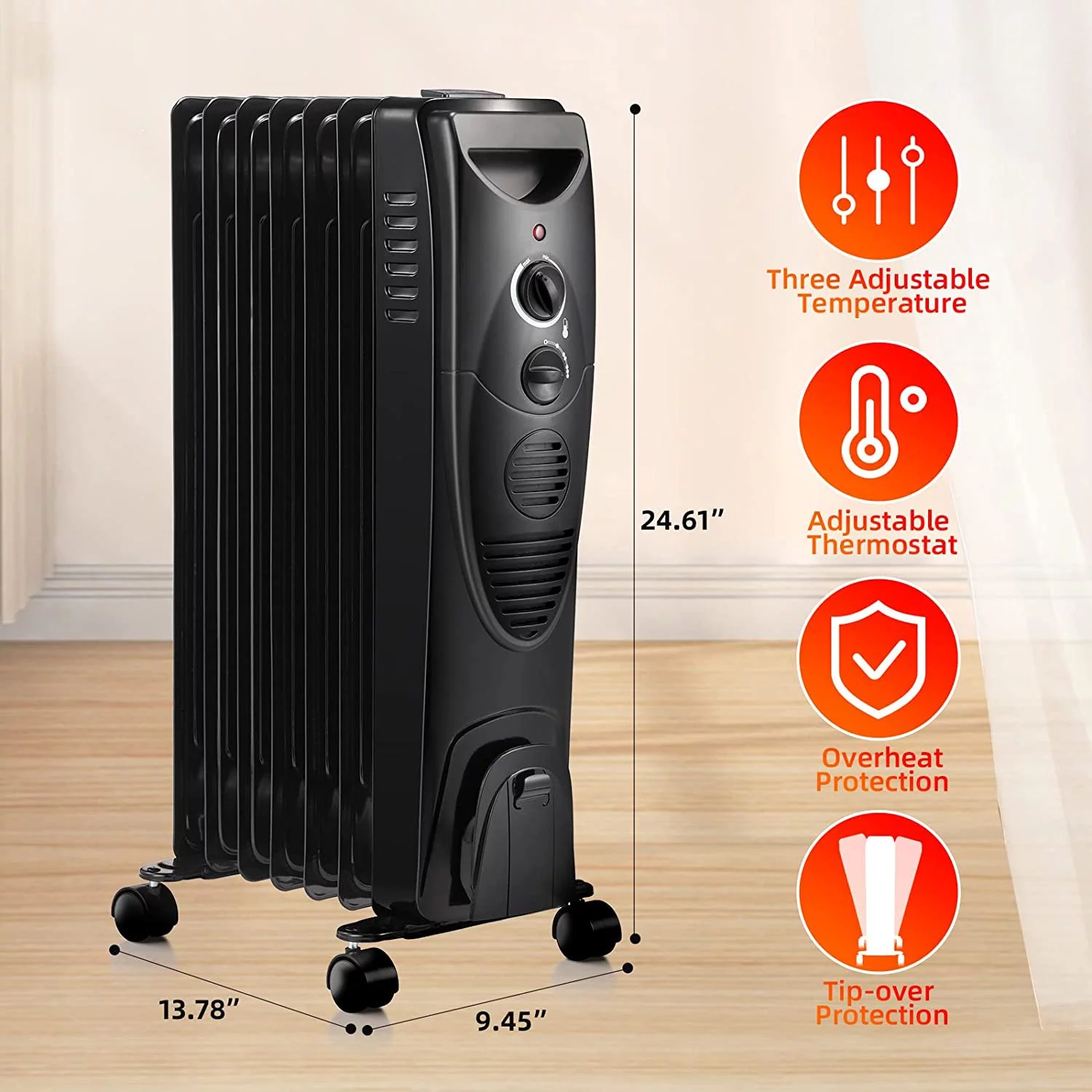 1500W Oil Filled Radiator Heater, Portable Electric Heater with 3 Heat Settings, Adjustable Thermostat, Overheat & Tip-Over Protection, Oil Heaters for indoor use (Black)