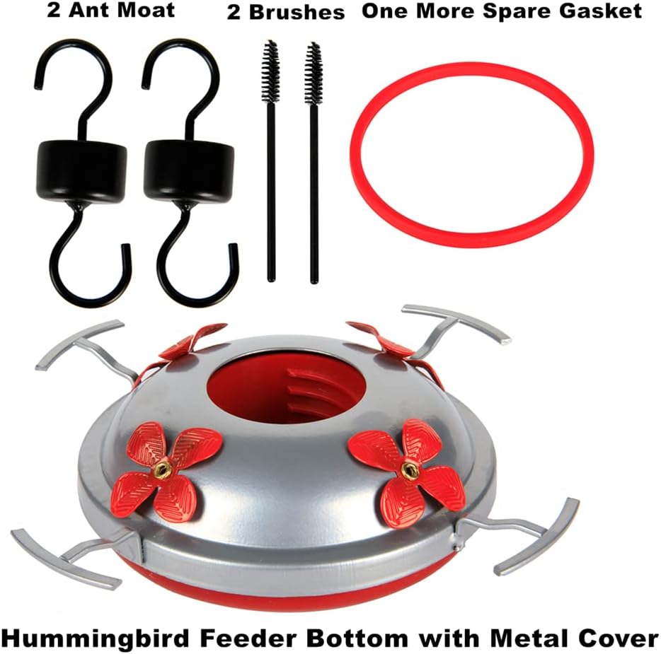 6 Pack Hummingbird Feeder Bottom Replacement Parts Base Set includes Feeder Base, 1 Pcs Replacement Seal Rings, 2 PCS Moat Hook and 2 Pcs Brushes