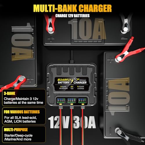 3 Bank Marine Battery Charger, 12V 30A (10A/Bank) Smart Waterproof Onboard Boat Battery Charger, Battery Maintainer & Desulfator for SLA/AGM/Lithium (LiFePO4), Calcium and Deep-Cycle Batteries