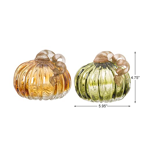Glitzhome Set of 3 Multi Striped Glass Pumpkins, Artificial Glass Gourd Table Accent Fall Ornaments Thanksgiving Halloween Festival Decorations
