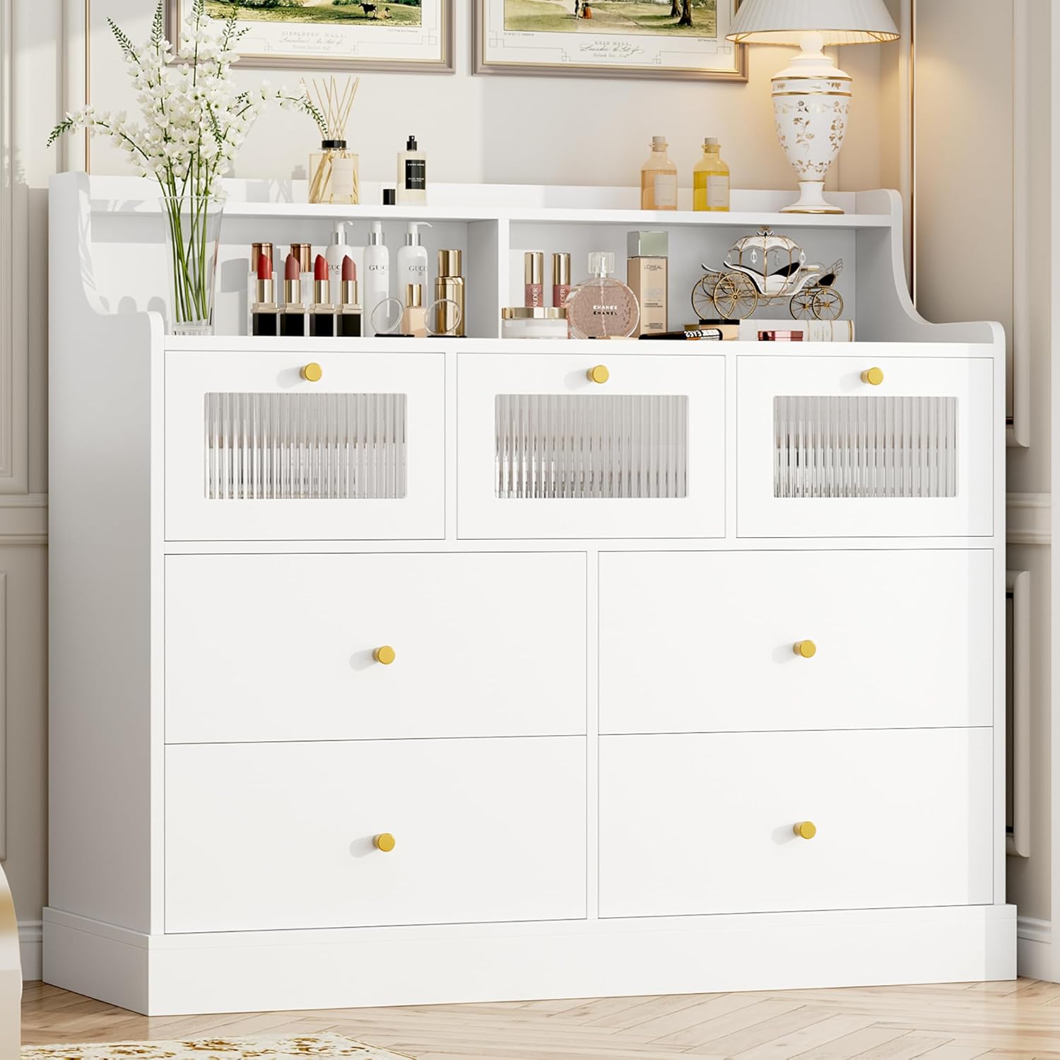 finetones 7 Drawer Dresser, White Dresser Double Dresser with Shelves, White and Gold Dresser, Wide Chest of Drawers, Dressers & Chests of Drawers, Large Wooden Storage White Dresser for Living Room