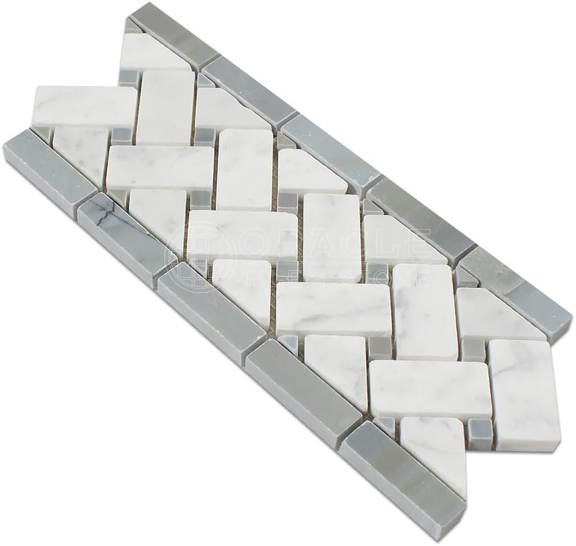 Carrara White Italian (Bianco Carrara) Marble Basketweave Border Mosaic Tile with Blue & Gray Marble Dots, Polished