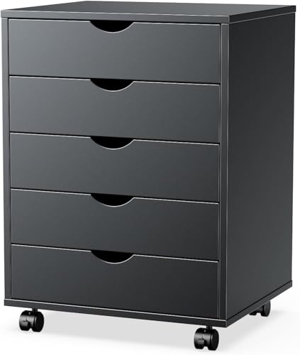 Sweetcrispy 7 Drawer Chest Mobile Storage Cabinets Wooden Dresser with Wheels Room Organization Furniture for Office Home, Black Wood