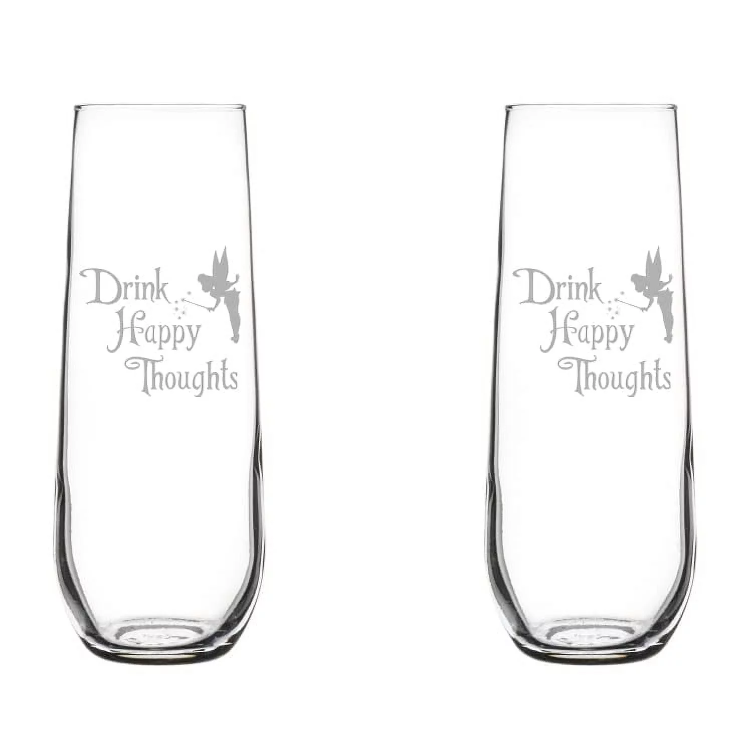 Set of 2 Glass Champagne Flutes Sparkling Wine Glasses Drink Happy Thoughts Fairy (8.5 oz Stemless)