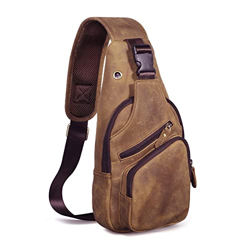 Le'aokuu Men Fashion Casual Tea Designer Travel Hiking Crossbody Chest Sling Bag Rig One Shoulder Strap Bag Men Leather 8015