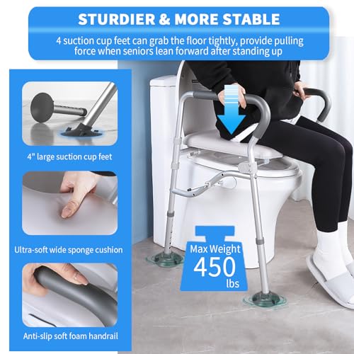 Raised Toilet Seat with Handles up to 450lbs, Wide Padded Elevated Toilet Seat for Seniors Handicap, Elongated Stand Alone Toilet Safety Chair with Suction Foot Pad & Splints