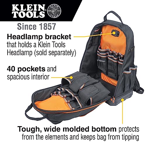 Klein Tools 55421BP-14 Tool Backpack, Heavy Duty Tradesman Pro Tool Bag Organizer with 39 Pockets, Molded Bottom