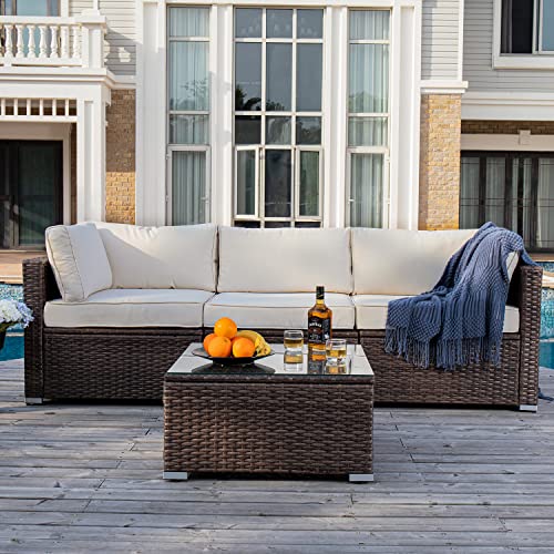 COSIEST 9 Piece Propane Firepit Table Wicker Sectional Sofa,Chocolate Brown Patio Set w 40.5-inch Round Bronze Fire Table (50,000 BTU), Wind Guard and Tank Outside (20lb) for Garden,Pool,Backyard
