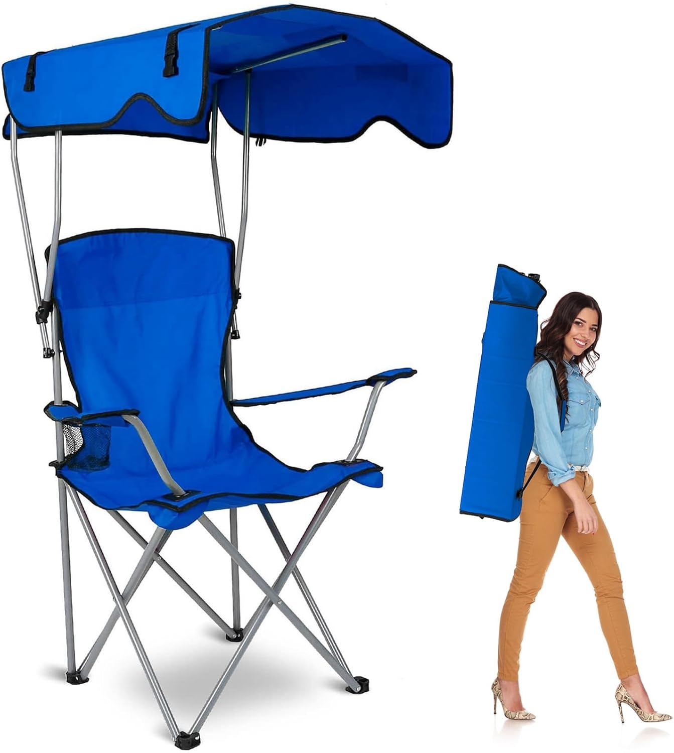 Camp Chair with Shade Canopy, Heavy Duty Max Shade Folding Camping Lawn Chair with Cup Holder, UPF 50+ Sun Protection Portable Beach Lounge Chair for Outdoor Sports Support 330 LBS(Blue)