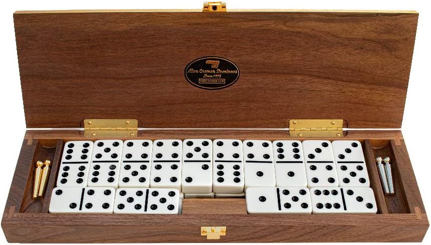 Le Club Luxury Domino Set with Handcrafted Walnut Case and Cribbage / Counter Top - Tournament Quality 28 Indestructible (Domino Set with Brass Plate)