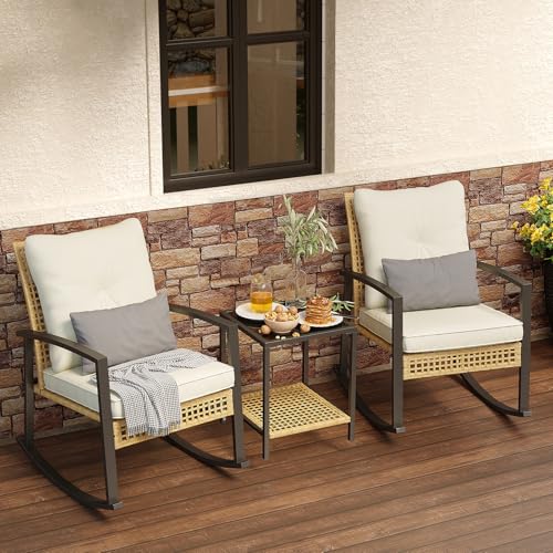 3 Piece Patio Rocking Chairs Set of 2, Outdoor Rocking Chair Bistro Set with Tempered Glass Coffee Table and Thick Lumbar Pillow Set, Front Porch Chairs for Garden, Backyard, Poolside (Beige)