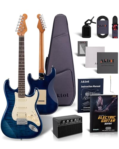 AKLOT Stryde Electric Guitar with Coil-Split: Roasted Maple Neck, Flame Maple Graphic Top, HSS Ceramic Pickups, Beginner Guitar Kit with 10W Amp, Gig Bag, Strap, Picks, Lesson Book, Blaze Orange