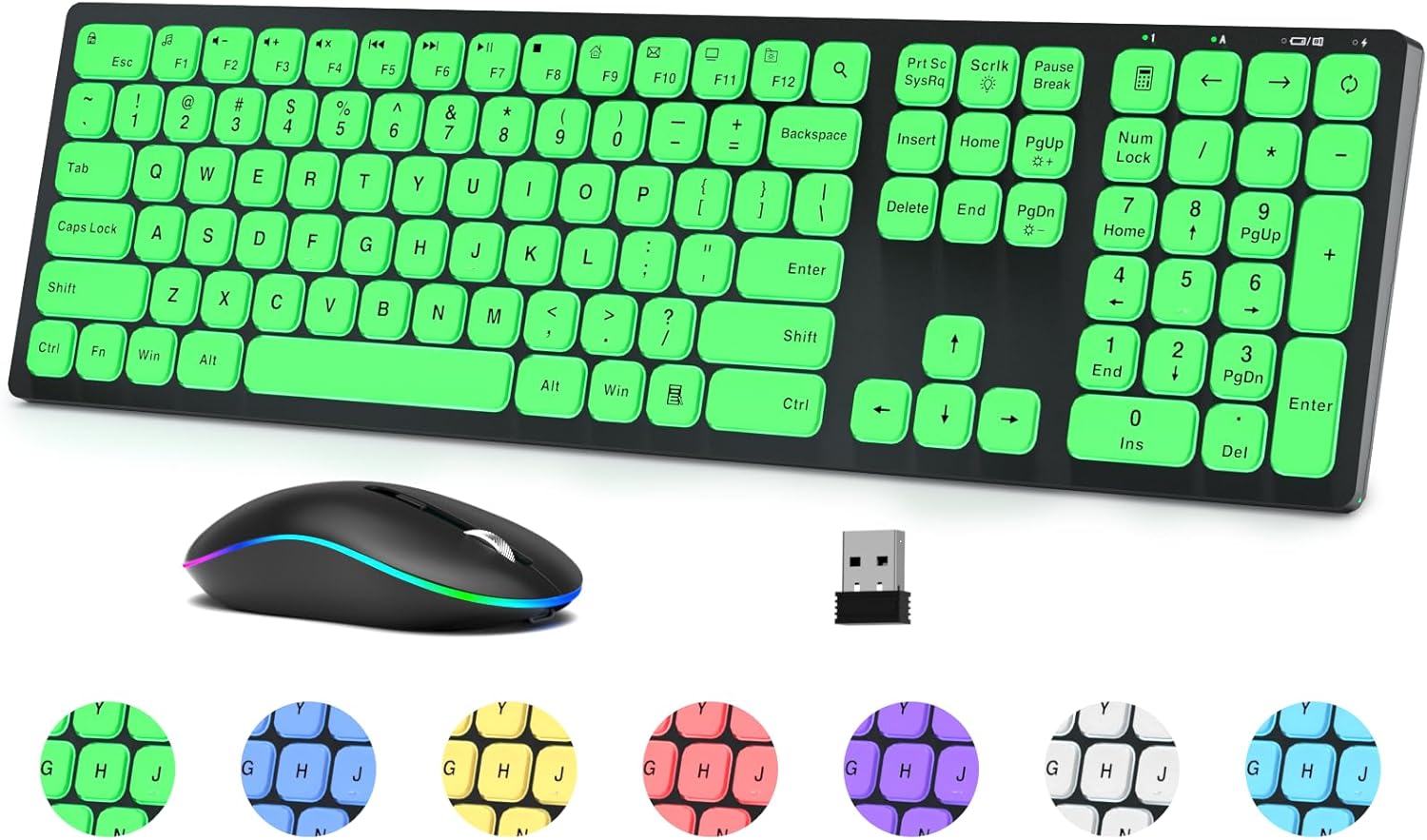 Wireless Keyboard and Mouse Combo with 7 Colored Backlits, Sleep Mode, Quiet Light Up Keys, Slim Rechargeable Keyboard with RGB Mouse, Lighted Cordless Combo for Window, Mac, PC, Laptop-QUASIO