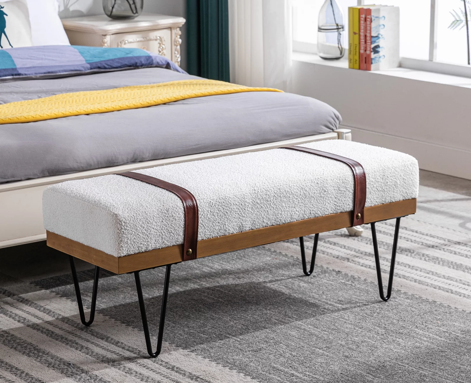 Guyou Modern Faux Fur Rectangle Ottoman Bench with Two Straps and Metal Legs, Upholstered Bed End Bench Entryway Shoe Bench Dining Table Bench Footstool for Bedroom Living Room, White
