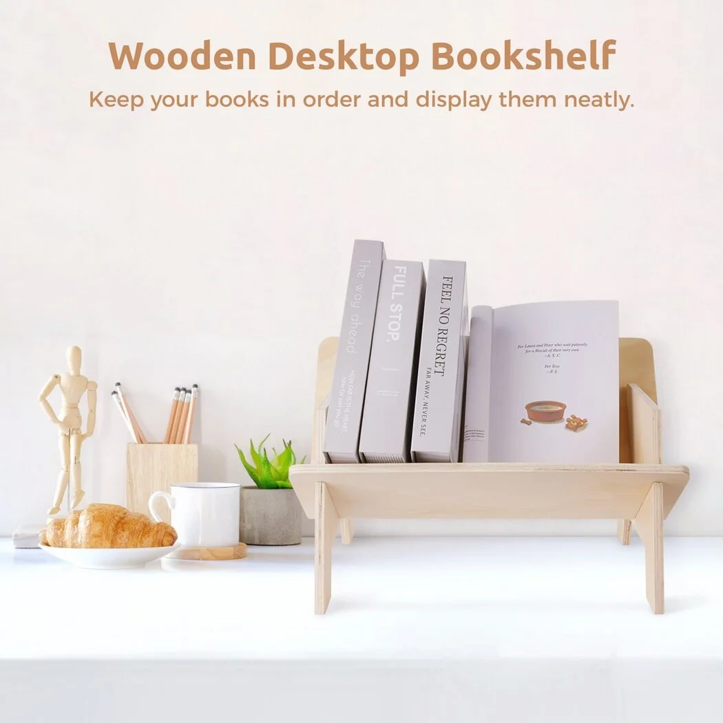 Wooden Desktop Bookshelf, Simple Tilted Tabletop Bookcase, Desktop Display Bookshelf, Wooden Desk Organizer and Storage Rack for Books, Magazines, CDs