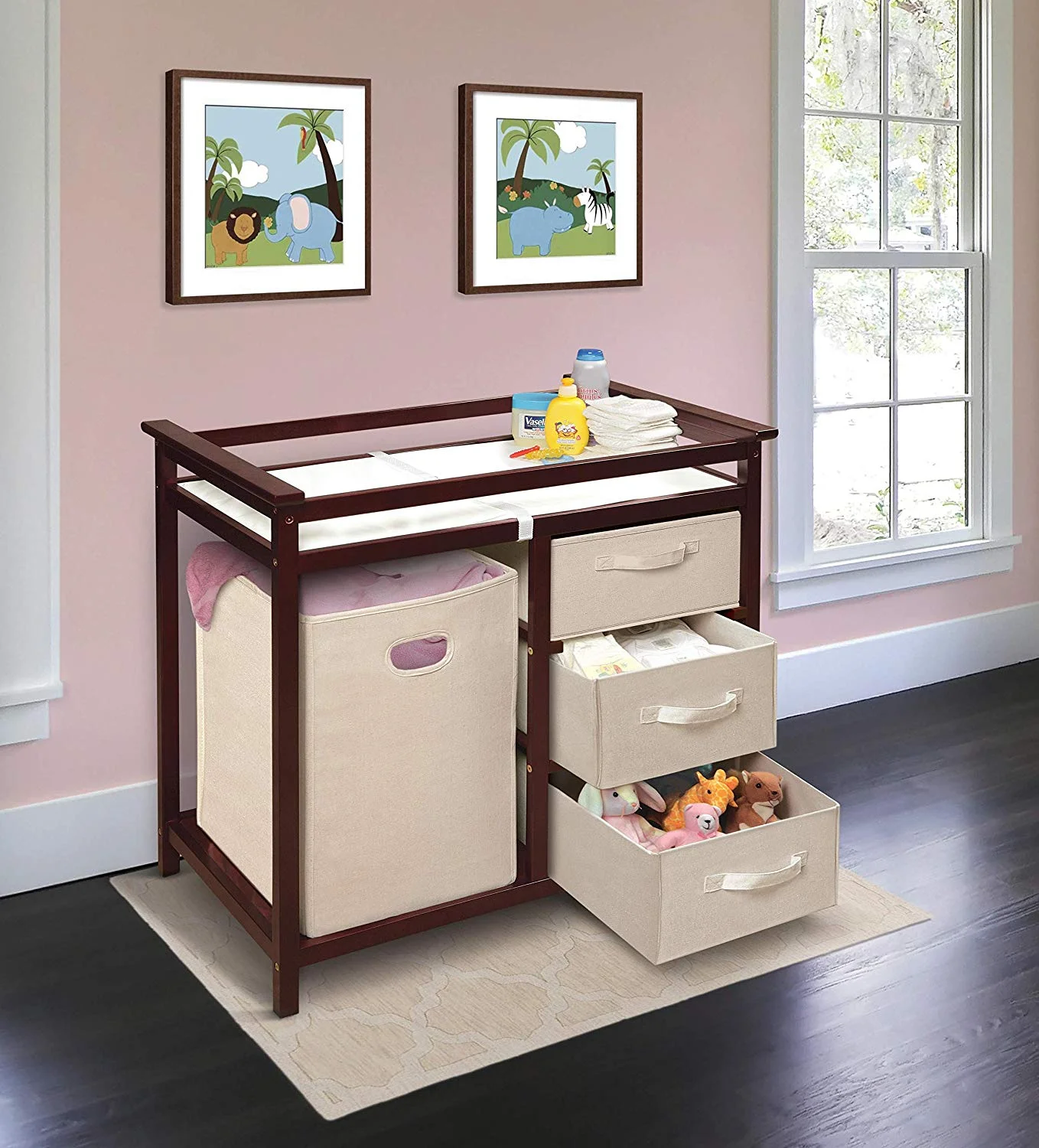 Badger Basket Modern Changing Table with Three Baskets & Hamper-Finish:Cherry