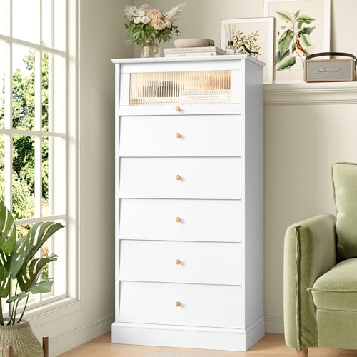 finetones 6 Drawer Dresser Black Dresser, 48.7'' Tall Black Dresser Chest of Drawers, Black and Gold Dresser with Glass Drawer, Gold Dresser Modern Dresser for Home Office