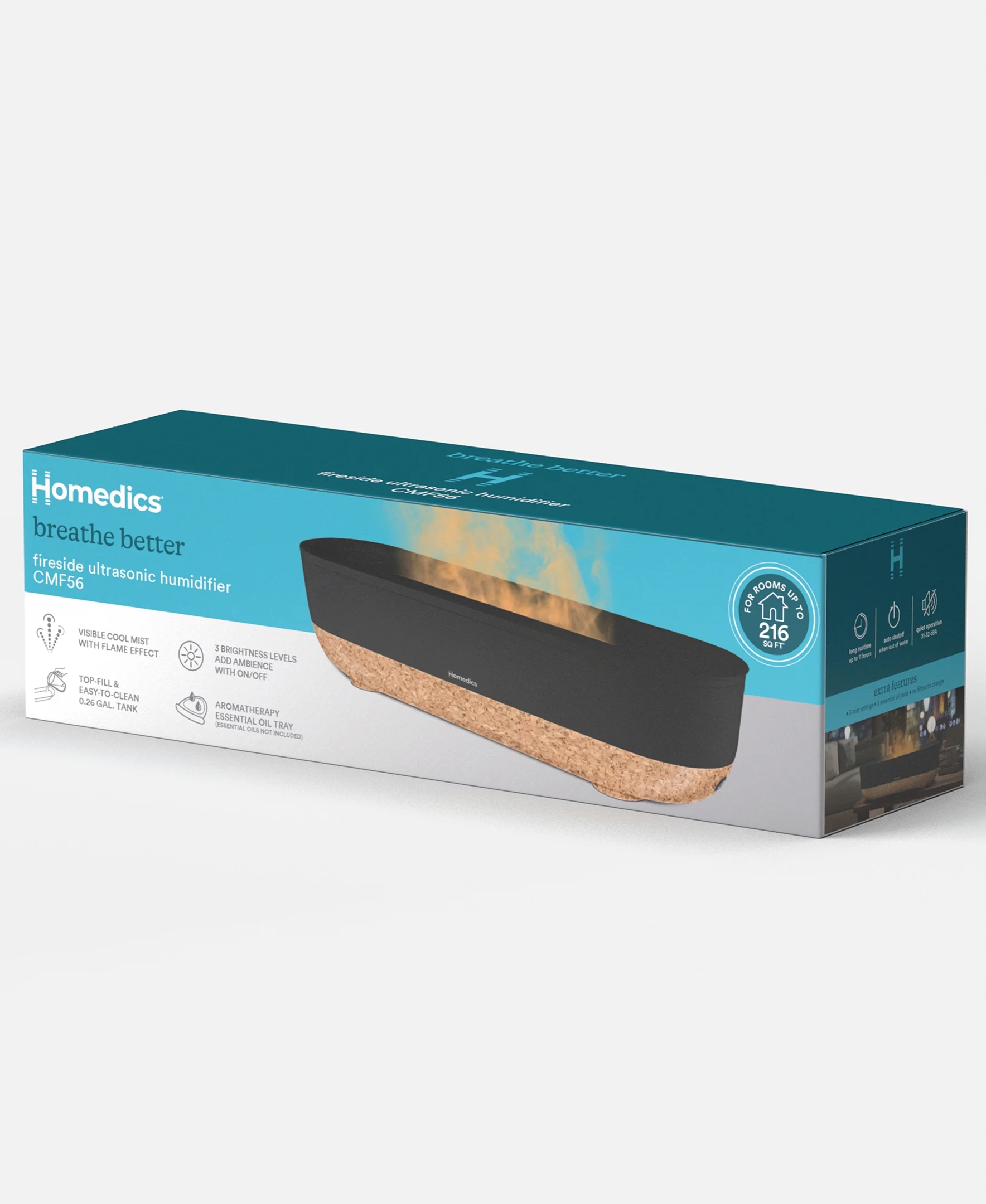 Homedics Fireside Cool Mist Ultrasonic Humidifier, Essential Oil Pad, 0.26 Gallon Top Fill