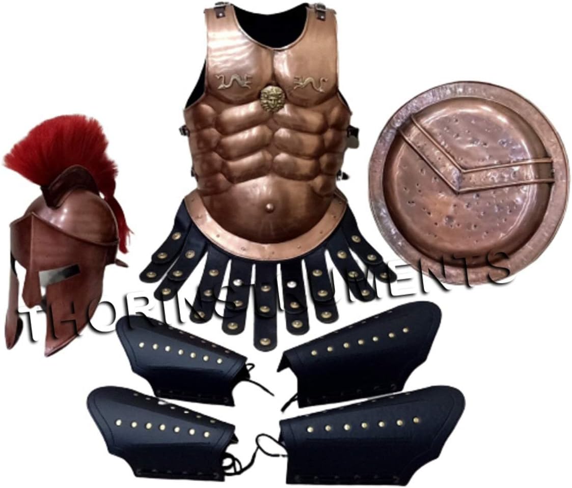 THOR INSTRUMENTS King Leonidas Spartan 300 Movie Helmet W/Red Plume +Muscle Jacket+ Leather Leg Arm Guards Medieval Armor Shield Black Rustic Vintage Home Decor Gifts