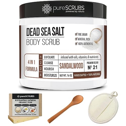 pureSCRUBS Premium Eucalyptus Body Scrub Set - Large 16oz Dead Sea Salt Body Scrub With Infused Essential Oils & Nutrients, Includes Wooden Spoon, Loofah & Oatmeal Exfoliating Bar Soap