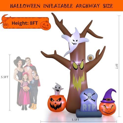 8FT Halloween Inflatables Tree, Blow Up Yard Scary Dead Tree with Pumpkin Ghost Tombstone Inflatable, Halloween Decorations Outdoor for Garden Lawn Indoor Party Decor