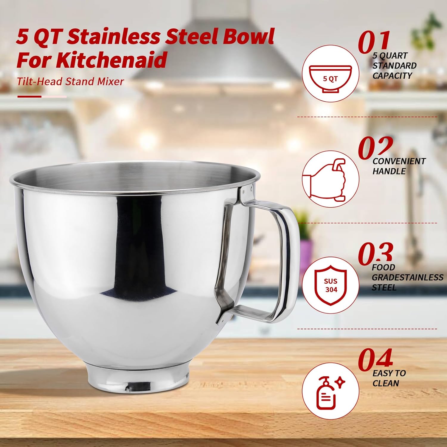 Stainless Steel Mixer Bowl 5QT Compatible with KITCHENAID TILT-HEAD STAND MIXERS 4.5-5 Quart, 5 Quart mixing bowl replacement
