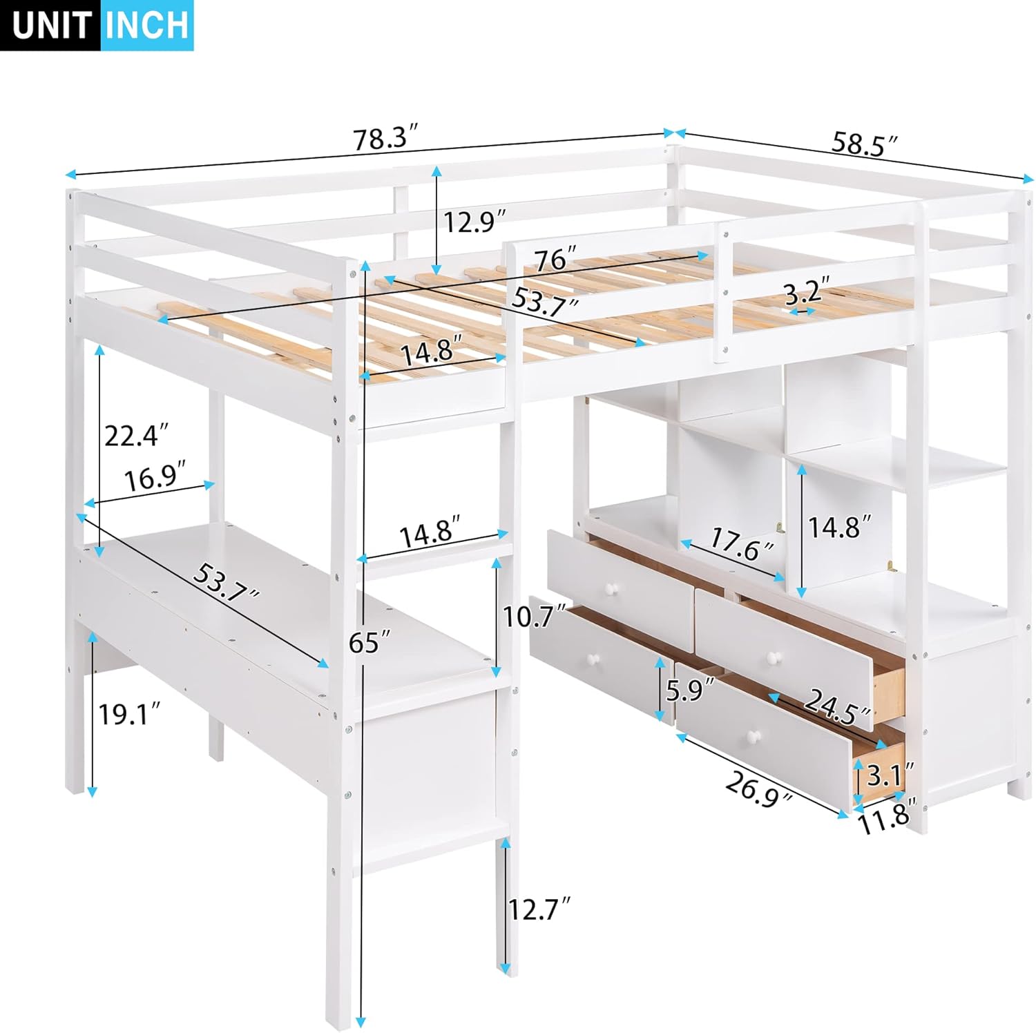 Full Size Loft Bed with Built-in Desk, 2 Drawers and Storage Shelves, Wooden FullLoft Bed Frame with Guardrails for Kids Teens Adults, White