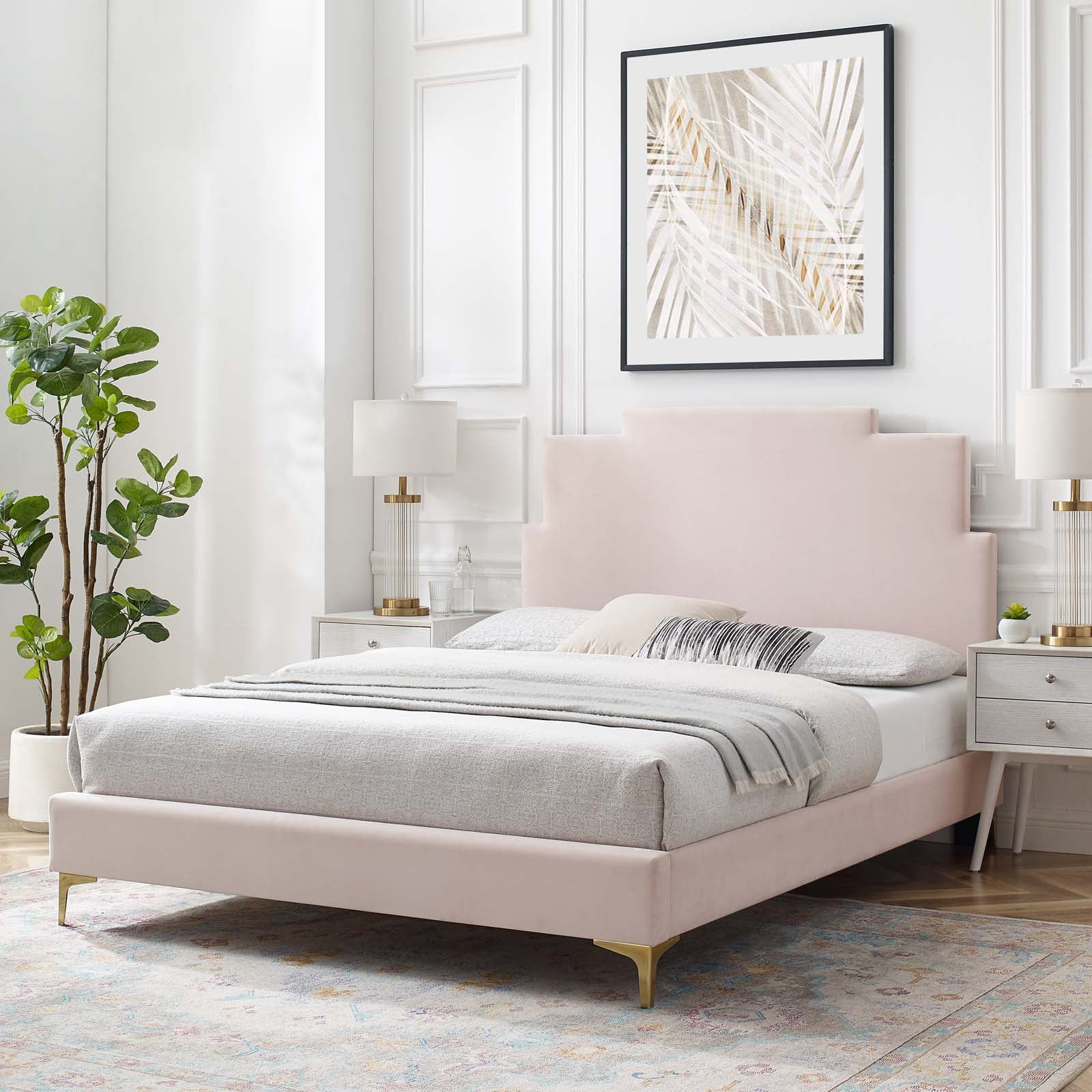 Platform Bed Frame, Queen Size, Velvet, Pink, Modern Contemporary Urban Design, Bedroom Master Guest Suite