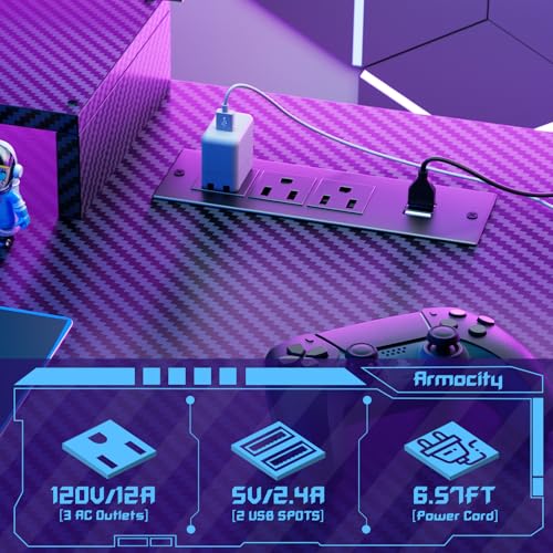 Armocity Gaming Computer Desk with Shelves and Outlets, Gaming Desk with Hutch and LED Lights, Reversible PC Gaming Desks with Pegboard, Carbon Fiber Black 47''