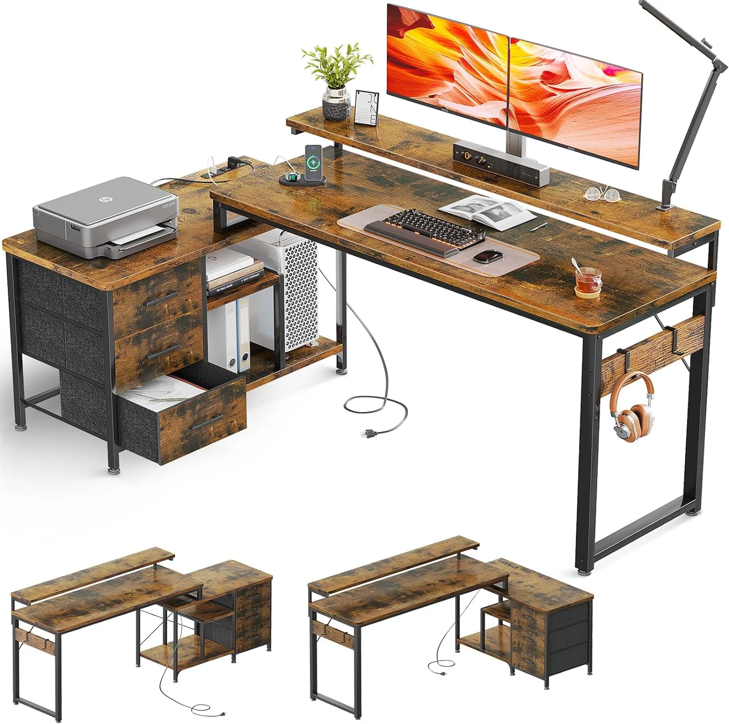 55 inch L Shaped Computer Desk with Drawers & Power Outlets, L-Shaped Gaming Desk with Removable File Cabinet, Reversible Corner Desk with Monitor Stand for Home Office Workstation, Rustic Brown