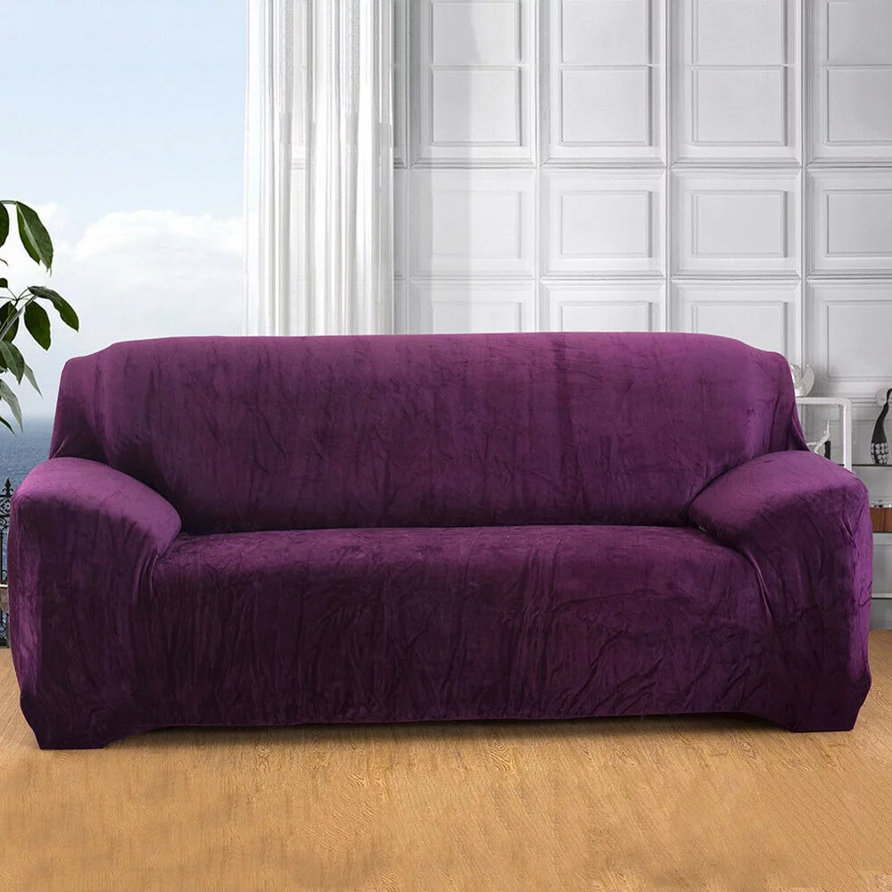 TOPCHANCES Thick Plush Sofa Covers, Stretch Couch Chair Slipcover, Non Slip Furniture Protector (4-Seater Sofa Cover, Purple)