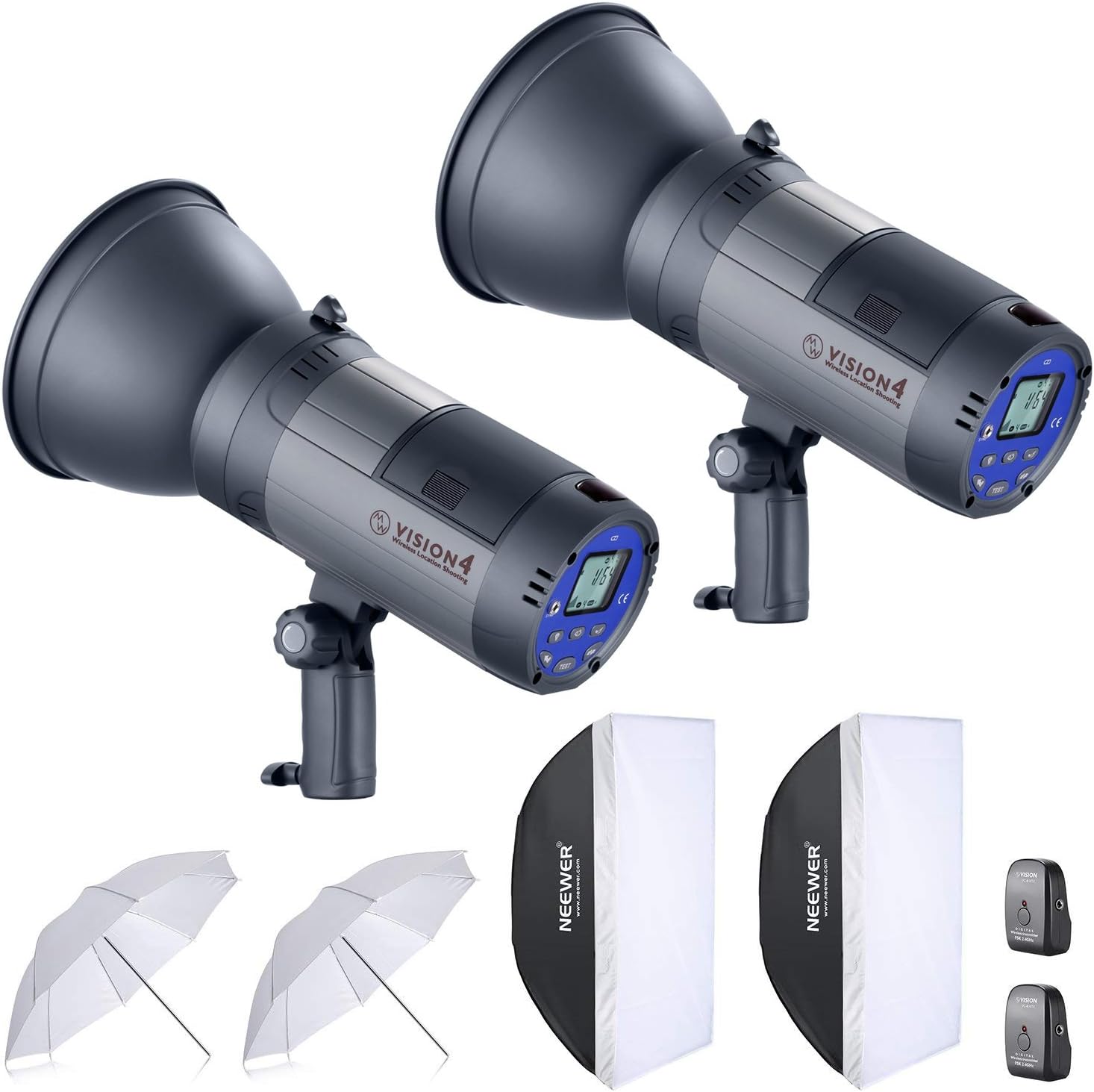 Neewer 600W Battery Powered Outdoor Studio Flash Strobe Lighting Kit:(2)VISION4 Monolight with 2.4G System,(2)Translucent White Umbrella,(2)Rectangular Softbox for Video Shooting Location Photography