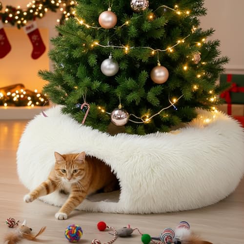 Thyle Christmas Cat Tunnel Bed 3ft x 3ft x 9.8in Under Christmas Tree for Indoor Cats Xmas Pet Donut Tunnel with Washable Cushion Foldable Round Pet Toy for Small Animals Kitten (Green)