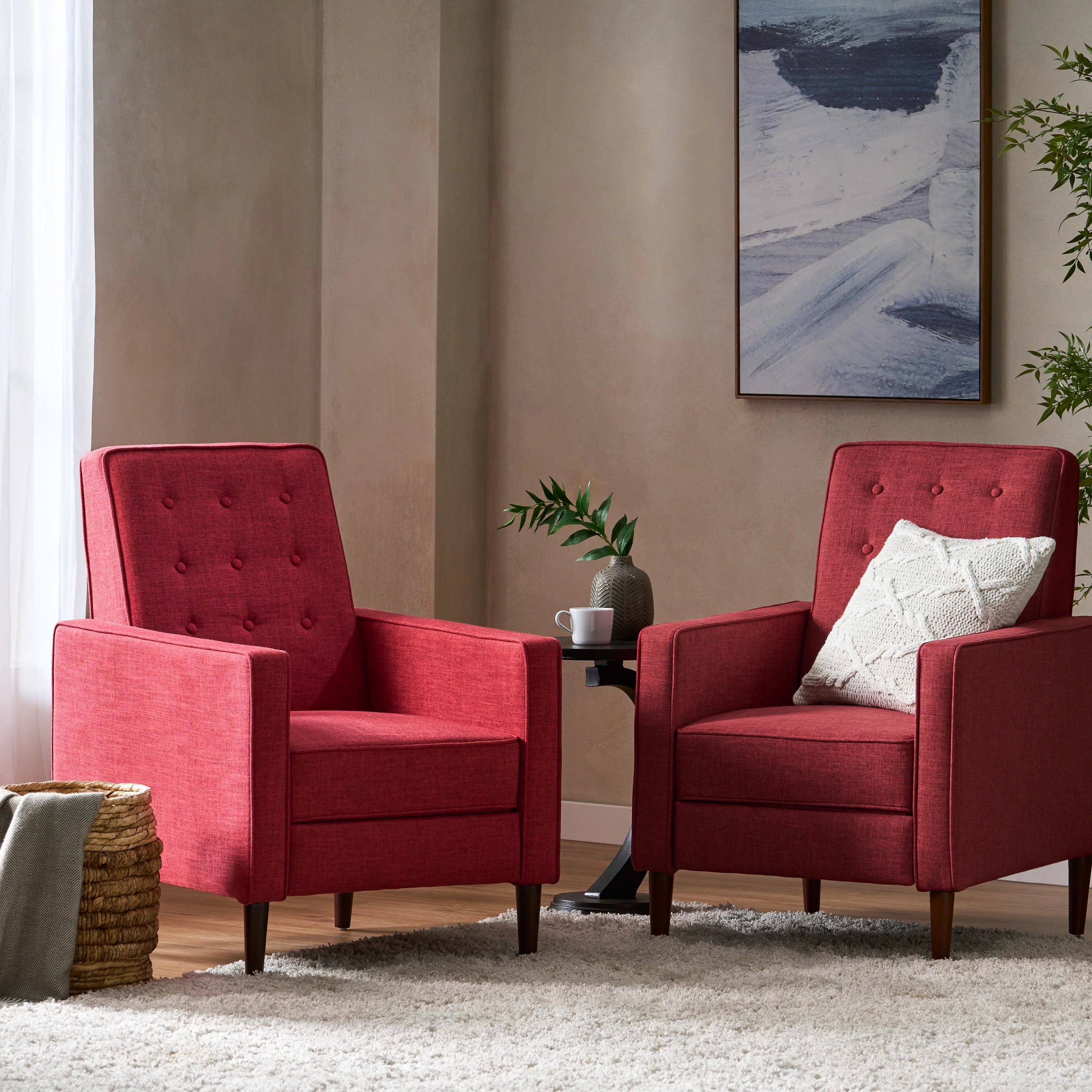 GDF Studio Mason Mid Century Modern Tufted Pushback Recliners, Set of 2, Red and Dark Espresso